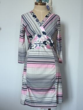 Cache Coeur Pink, Gray & White Striped Wrap Dress